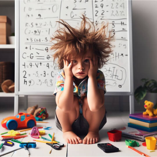 Взъерошенный ребенок держится за голову